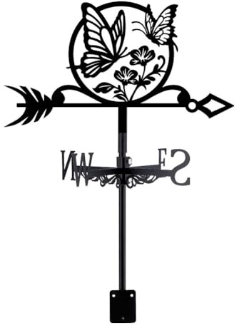 SUPERDANT Butterfly Iron Weather Vane Flowers Metal Weathervane Black Wind Vanes Garden Art Decor Weathercock Wind Direction for Roof Yard Outdoor Farm Barn Sheds Garden Patio Decoration