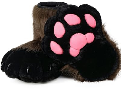 BNLIDES Cosplay djur katt varg hund räv pälsdräkt fötter tass klo skor lurviga stövlar kostym tillbehör för vuxen (kaffe-svart)