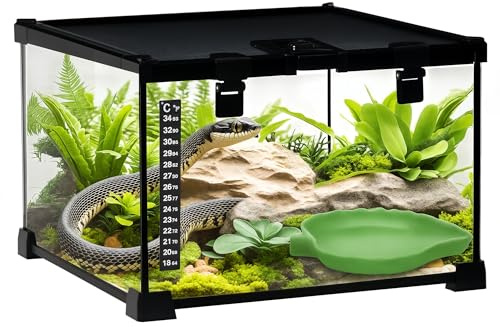 PawHut Terrario per Rettili Rialzato con Serratura e Porta per Alimentazione, Terrario per Tartarughe e Serpenti in Vetro e Rete Metallica, 30x30x20 cm, Nero