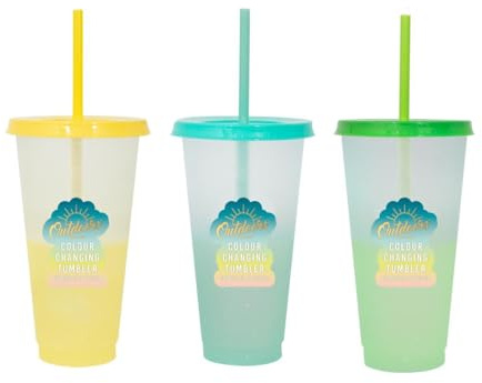 YöL Pack of 3 Colour Changing Glitter Tumblers 750ml Lid Straw Summer Picnic Reusable Cup Outdoor Kids Iced Coffee