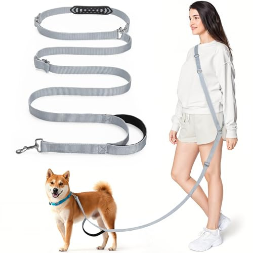 Tivray Guinzaglio per Cani a Mani Libere 2,6 m, Guinzaglio Regolabile per Cani di Taglia Media, Corsa Jogging Passeggiata, Tracolla o Mano, 3 Anelli, Maniglia Imbottita, Grigio