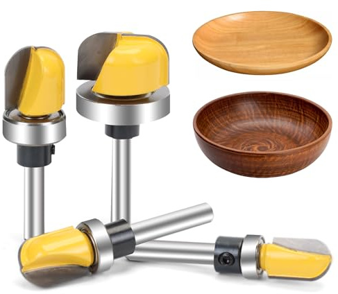 4Pcs Router Bits Bowl & Tray Template Set 1/4 Shank Carbide | Groove Round Nose with Bearing, 1/2, 3/4, 5/8, 1-1/8 Sizes, Dish Carving, Wood Cutter