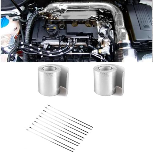 CiCixixi 2 Rolle Hitzeschutzband Auspuff Auspuffbandage,10MX5CM, Auspuffband mit 10pcs Kabelbinder Hitzeschutz Auspuff Bandage Hitzeschutzschlauch für Auto Motorrad Fächerkrümmer Krümmerband