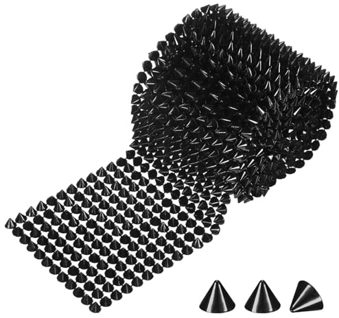 M METERXITY 2 Yards Sew Stitch on Spikes Stud Cone 12Rows Plastic Black Spike Rivet with Flat Back Punk Rock Trim Mesh Bead for DIY Crafts/Clothes/Shoes/Bags