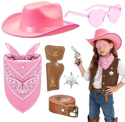 Saier tbo 6 Stück Western Cowboy Kostüm für Kinder, West Cowboy Zubehör Set mit Hut Bandana Sonnenbrille Abzeichen Holster Gürtel für Jungen Mädchen Halloween Karneval Cosplay Party (Rosa)