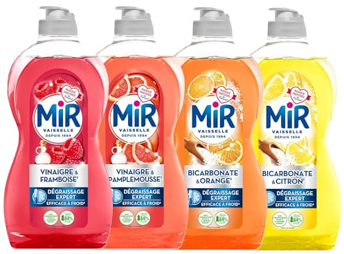 Lot de 4 Liquides Vaisselle MIR 450ml – Vinaigre & Bicarbonate – Parfums Framboise, Pamplemousse, Orange, Citron – Nettoyant Écologique, Dégraissant Naturel
