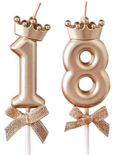 Candeline Compleanno numerate, Candela Compleanno Con Fiocco Corona Color Oro Champagne, Candela 3D numero 18 per torta, decorazioni per 18° compleanno per ragazzi e ragazze