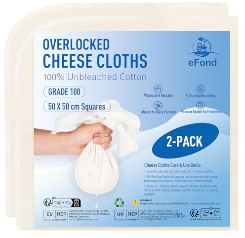 eFond Cheesecloth, 50x50cm Squares with Overlocked Edges, Grade 100 Ultra Fine Mesh Cheese Cloths for Straining Butter, Nut Milk, Yogurt, Reusable Muslin Cloths for Cooking, Roasting Turkey (2-Pack)