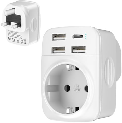 Hoppac 5 in 1 Adattatore Presa Inglese, Adattatore Tipo G Con 3 USB A e 1 USB C, Adattatore UK per Irlande, Hong Kong, Singapore, Malesia, Malta, Cipro, Emirati Arabi Uniti, Qatar, Pakistan