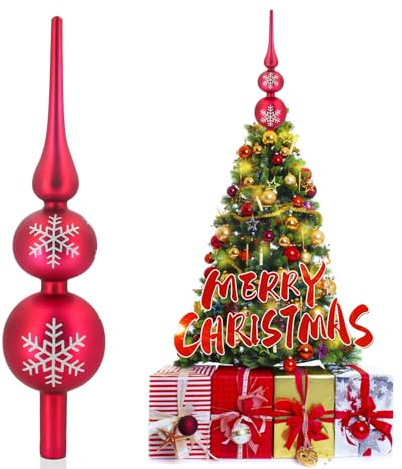 SKYYUE Christbaumspitze Glas Weihnachtsbaumspitze Matt Christbaumspitze Rot 31 cm Christbaumschmuck Spitze, Baumspitze Weihnachten Tannenbaum Spitze Rot Christmas Tree Topper (Rot Silber)
