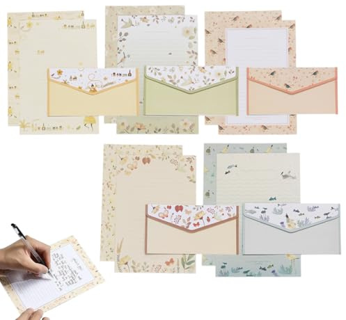 HABNI 5 Set Briefpapier mit Umschlag Set, 30 Briefpapier A5 mit 15 Briefumschläge, 5 Florale Stile Keine Tintenleckage Briefpapiere und Briefumschläge für Einladungskarten Glückwunschkarte