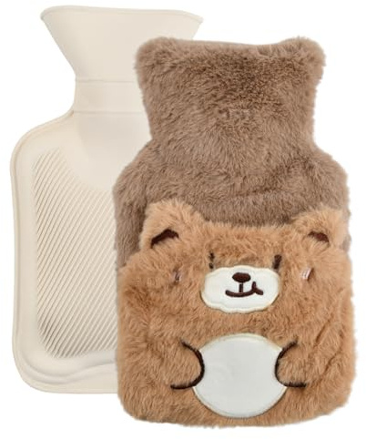 Ziyonix Wärmflasche 500 ml Klein WärmFLasche Kinder mit Bezug Kuschelige Bärchen Süß PlüSch Wärmflaschen Tier Explosionsgeschützt und Auslaufsicher, für Kinder und Erwachsene, Braun