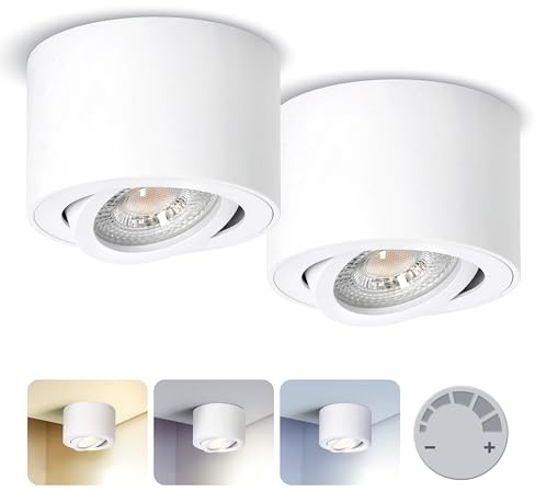 ENVILAR 2x LED Aufbauspots Weiß - Dimmbar Spots inkl. Leuchtmittel mit CCT 3000/4000/6500K, Flache Runde LED Deckenspots 230V Ø80×H50, moderne Deckenleuchte Aufputz (Weiß)