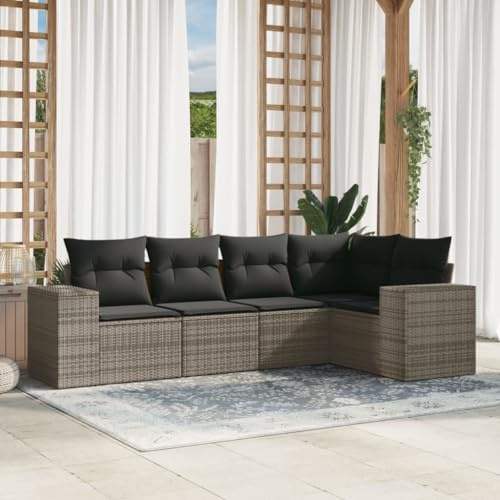 Runheo 5-TLG. Garten-Sofagarnitur, Grau Poly Rattan Loungeset mit Kissen, Modulares Outdoor Möbelset für Terrasse, Balkon, UV-beständig, 110 kg Tragfähigkeit