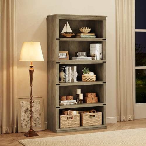 Niwugady 5-stöckiges Bücherregal, Hohes Vintage Standregal, Freistehendes Bücherregal mit Offenen Fächern für Zuhause, Büro, Wohnzimmer und Schlafzimmer, Industrie-Design, 80 x 33 x 172cm, Grau