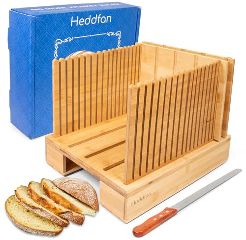 HEDDFAN Bamboo Bread Slicer For Homemade Bread - Built-In Knife Slot, Crumb Catcher & Storage Compartment - Adjustable Extra Wide & High For Sourdough - Long 12” Knife Blade Included