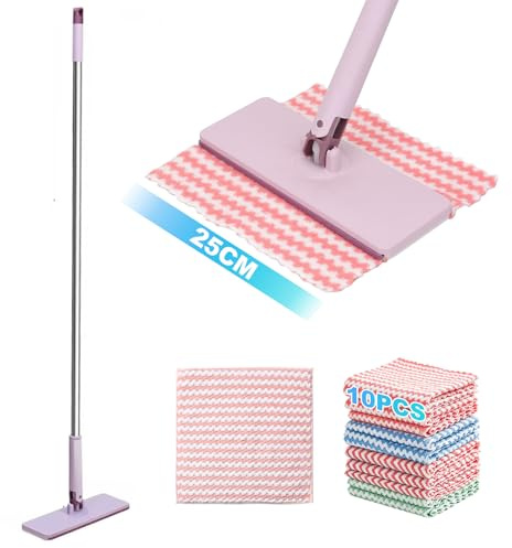 Sgizoku Trapeador desechable de clip a agarre, cabezal giratorio grande de 25 cm, mopa perezosa con clip, fregona plana de cero tacto, mango de 125 cm de largo, 10 paños lavables