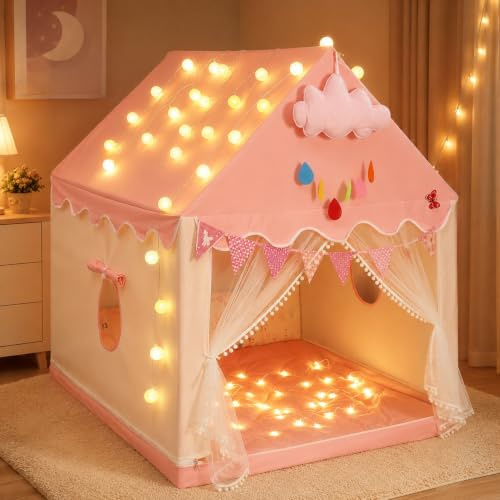 Large Kids Play Tent with Star Lights, 2-in-1 Indoor Playhouse | Machine Washable Girls Play Tent, Sturdy Metal Frame, Fits 2–3 Kids Aged 2–5, 100x120x130cm