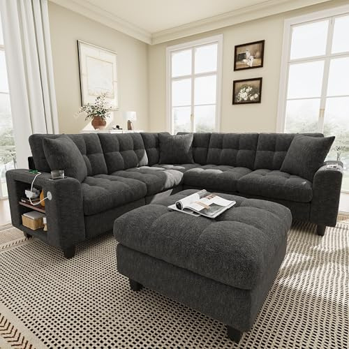 Calivra 6-Sitzer Modul-Ecksofa 216,5x216,5x83 cm mit Regal und USB-C (Grau) | Modulares Chenille-Sofa mit Hocker, 3 Kissen, Regal-Armlehnen, Becherhalter sowie 2 USB- und 1 USB-C-Anschluss.