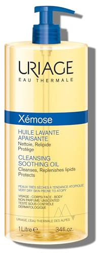 Uriage Xemose Huile Lavante peau sèche à tendance atopique I Nettoie et apaise les démangeaisons. Gel-en-Huile moussant, nourrissant I Visage & Corps I Non parfumée, Sans savon I pH physiologique
