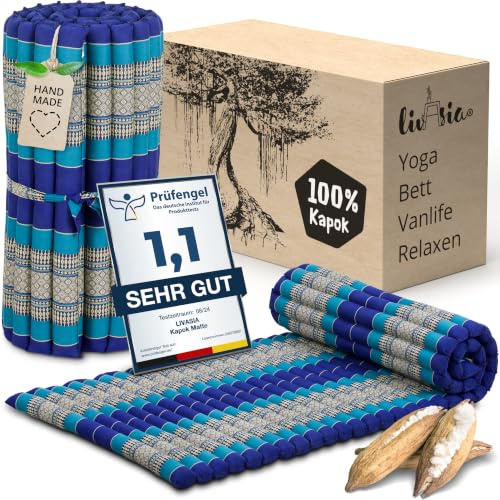 livasia Rollmatte Rollmatratze L-200x110x4,5cm, Gästebett Gästematratze 1 Person, Reisebett Kofferraum Outdoor, Thaimatte Kapok, Garten Balkon handgefertigt rubinrot