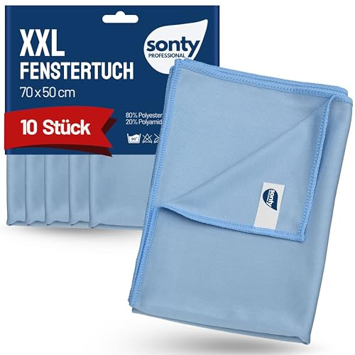 Sonty Chiffons à vitres XL Microfibre 50x70 cm – Maxi-Pack 10 pièces antitraces | Lavette vitres & Chiffon Magique pour Verre, miroirs, façades Cuisine | Lavable 40–90°C (Bleu)
