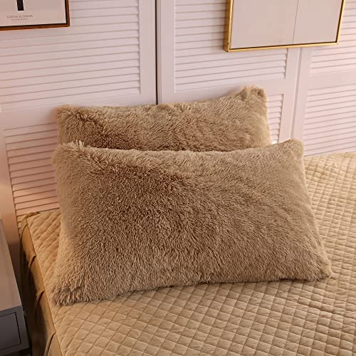 LIFEREVO 2 Pack Shaggy Plush Faux Fur Pillow Shams Velvet Reverse,20x36 Fluffy Decorative Pillowcases with Zipper Closure for Couch,Sofa,Bed(Camel,King)