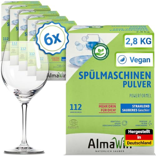 AlmaWin® Spülmaschinen Pulver mit Powerformel für strahlend sauberes Geschirr [6x 2,8kg - 672 Anwendungen] - Kraftvolles Geschirrspülmittel Pulver - Ohne Phosphate, Öko & VEGAN, Dishwasher Powder