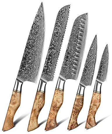 HEZHEN Damast Messer Set 5PCS, Japanischen Stil Damaskus Stahl Küchenmesser Santoku, Brot Universalmesser Schälmesser, Holzgriff