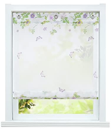 ESLIR Raffrollo ohne Bohren Voile Transparente Raffgardine mit Ösen Gardinen mit U-Haken Ösenrollo Modern Vorhänge Schmetterling Muster BxH 100x140cm 1 Stück