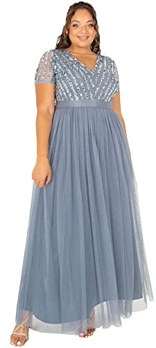 Damen Ballkleid Abendkleid V-Ausschnitt Maxi Länge Pailletten Kurze Ärmel für Hochzeit Geburtstag Brautjungfer
