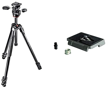 Manfrotto MK290XTA3-3W Treppiede con Borsa, Testa a 3 Movimenti, 3 Sezioni in Alluminio, Nero & 200PL Piastra Rapida in Alluminio, da 1/4 a 3/8, Nero