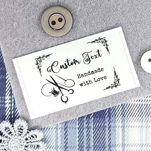 100pcs Personalized Sewing Label Custom Logo Fabric tag DIY Clothing Gift Handmade with Love Vintage Design Sewing Tools Pattern White Silky Satin Flat sew in end fold Washable Label