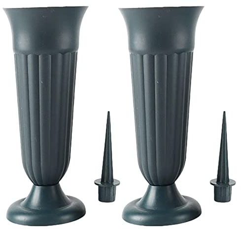 SM SunniMix 2er-Pack Gräber Friedhofsvasen, Blumenvase Grabdekoration, Wetterfeste Friedhofsvase, Grabvase mit Pflock und Kunststoffsockel, Gedenkvase Blumenvase für Grabsteine - Dunkelgrün