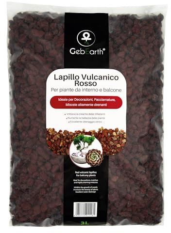 GebEarth® | Lapillo Vulcanico 5/10 mm rosso per piante | Decora vasi e composizioni di piante grasse | Potenzia il drenaggio e l'aerazione di tutti i substrati | Adatto per idroponica [3L]
