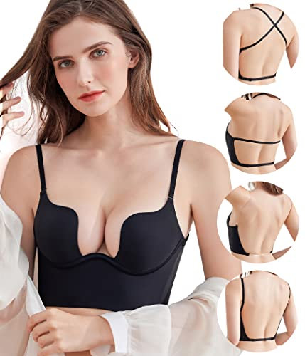 DotVol Sujetador Espalda Descubierta con Escote Profundo en Forma de U Básico con Aros Push Up (Negro,90B)