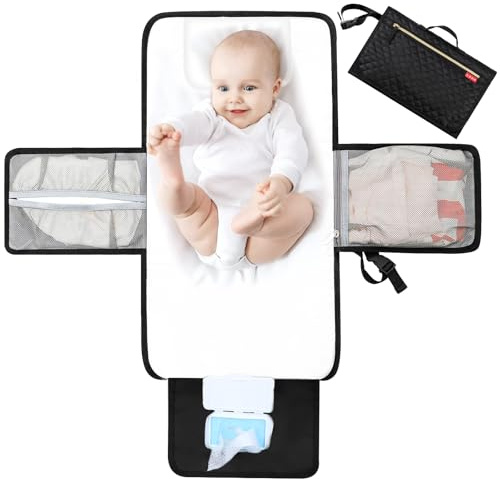 Lekebaby Tapis à Langer Bébé Portable et Pliable – Matelas à Langer Léger et Imperméable avec Pochette à Lingettes pour Voyage et Sortie (Matelassage noir)
