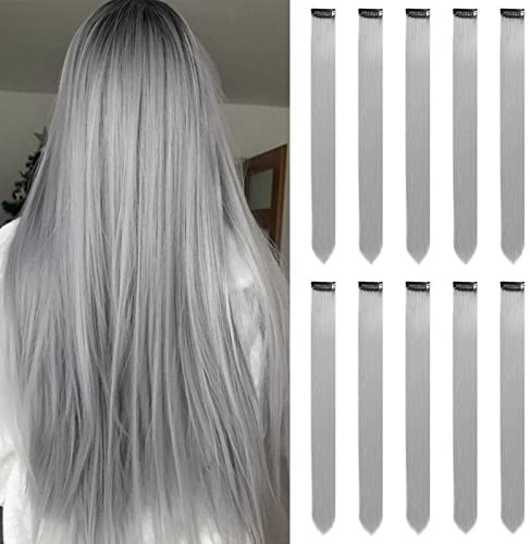 Grau Haarverlängerungen Clip In für Mädchen 22 Zoll bunte gerade Haarverlängerungen für Party Highlights gefärbtes Haar Zubehör Haarteile für Kinder Frauen（10 PCS Grau）