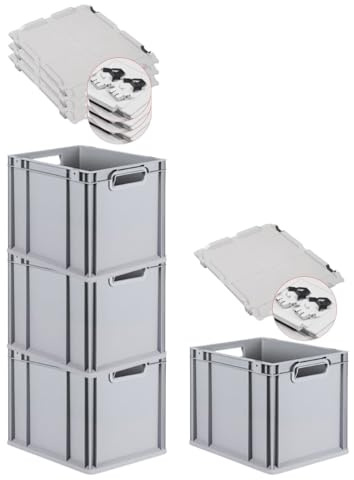 PROREGAL SuperSparSet 4x Eurobox NextGen Economy mit Scharnierdeckel & schwarzen Verschlüssen | Griffe offen | HxBxT 32x30x40cm | 30 Liter | Eurobehälter Transportbox Transportbehälter Stapelbehälter