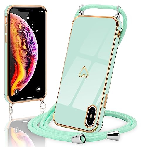 Micoden Handykette für iPhone X/Xs Hülle Necklace mit Band Herz Design | Kameraschutz Handyhülle Herz Design Galvanik Dünn Silikon Case Bumper Kordel zum Umhängen Stoßfeste Schutzhülle, Mintgrün