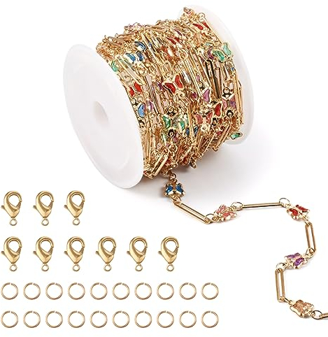 Cheriswelry 4M/Set Butterfly Link Chain Brass Paperclip Cable Chain Golden Necklace Link with Jump Rings Lobster Clasps for Bracelet Anklet Jewelry Making