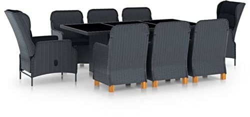 NITCA Rattan Garten Sitzgruppe 9 Personen Gartenmöbel Set mit Auflagen für Garten Gartengruppe Gartengarnitur Gartenmöbel Essgruppe Polyrattan Essgruppe 200 cm Tischlänge Dunkelgrau und Schwarz