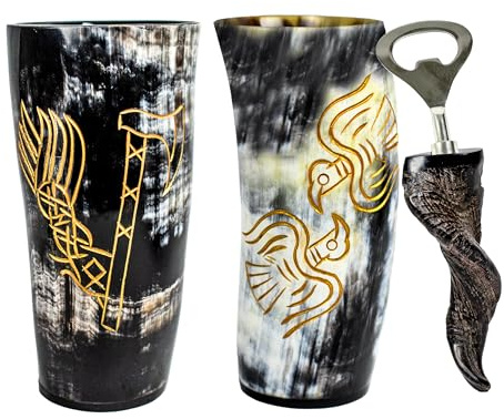 NORSE EMPIRE Reven & Viking - Juego de 2 tazas de cuerno de buey con grabado de hacha vikinga con abrebotellas, hechas a mano, 283.5 g, vasos de cuerno de buey natural con regalo de cerveza para