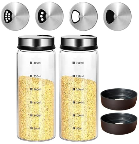 10 oz Glass Salt and Pepper Shaker Set with 304 Stainless Lid Adjustable Pour Holes Spice Jars Dispenser Seasoning Cans for Kitchen Decor and Home Restaurant Kitchen Accessories (2 Pcs, 300 ML)