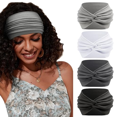 BELEVO Haarband Damen, Extra Breit Stirnband Damen Dünn 18cm Haarbänder Elastische Stirnbänder Weiche Haarreifen Headband Haarschmuck für Yoga Sport 4 Stück