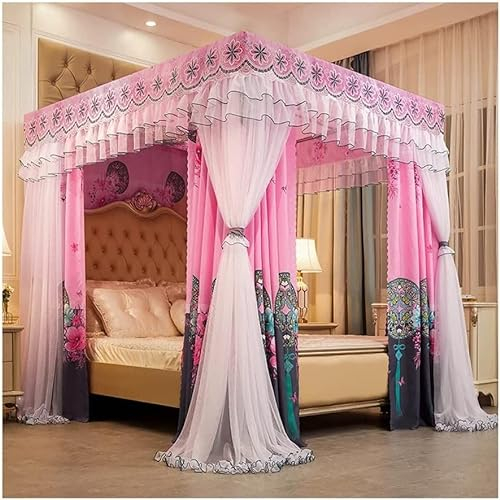 Himmelbett, Doppelbett, Queen-Size-Bett, King-Size-Bett, Prinzessinnen-Schlafzimmer, staubdicht, verdunkelnd, Doppelbett, luxuriöser Bettvorhang, Moskitonetz (Farbe: Rosa-3, Größe: