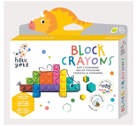 Haku Yoka 6303090 Block Wachsmalkreiden-Set, Triceratops | Wachsmalsteine in kräftigen Farben, Wachmalstifte in Klemmbaustein-Form, ohne Abfärben, für Kinder ab 3 Jahren