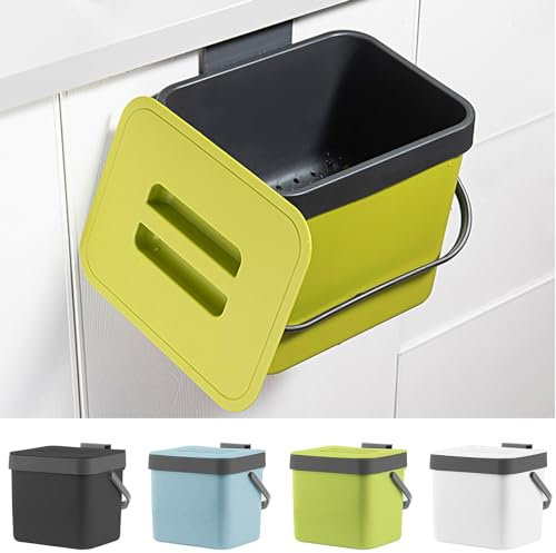 LALASTAR - Contenedor de compost para encimera con tapa, contenedor de abono sellado para interiores, cocina, pequeño cubo de basura con tapa, montable y colgante, 1.8 galones, color verde