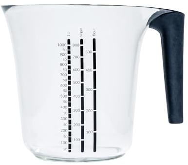 BranQ - Home essential Universeller Messbecher aus Tritan mit gummiertem, rutschfestem Griff, Fassungsvermögen 1L, für Mehl, Zucker, für Flüssigkeiten, Liter, Milliliter & Gramm, BPA-frei Kunststoff