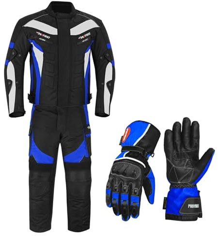 Inflori Waterproof Motorbike Motorcycle Gloves Armoured 2 Piece Suits Jacket with Trouser CE Armoured For All Seansons Weather Mens (Blue, 2XL 44 Chest/38 Waist Leg 32)